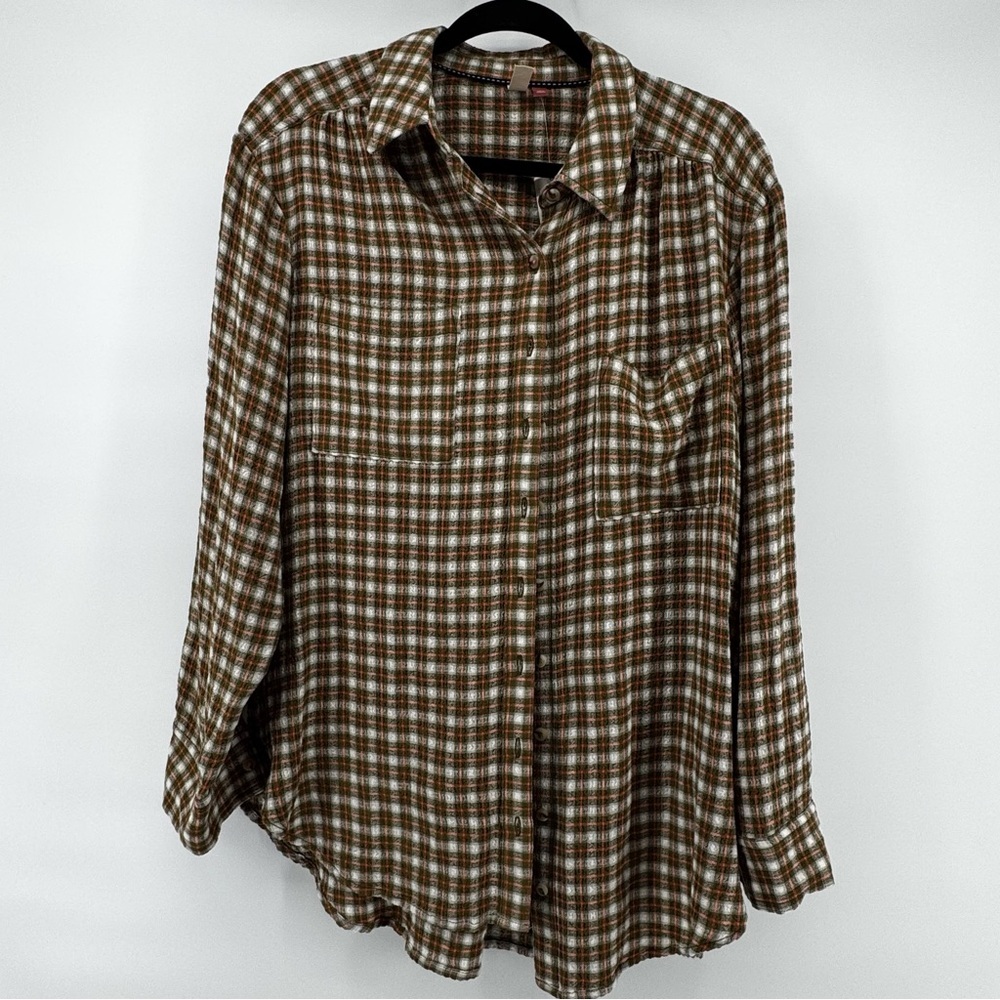 Anthropologie Pilcro Plaid Crinkle Olive/Orange Button Down Shirt NWT Sz M